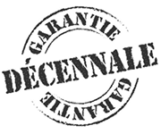 Garantie Décennale : Protection Fiable pour Vos Travaux Cachet noir et blanc vieilli avec le texte principal 'GARANTIE DÉCENNALE' au centre et 'GARANTIE' répété autour, symbolisant une protection fiable.