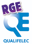 RGE Qualifelec : Votre label de qualification électrique Logo RGE Qualifelec avec les lettres "RGE" en violet sur un bandeau et un grand "QE" stylisé en bleu, le "Q" étant une loupe. Le texte "QUALIFELEC" est en bas.