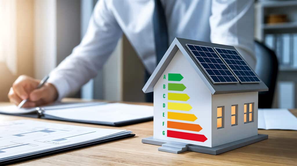 Maison Solaire & Performance Énergétique : Investir Durable Maquette de maison avec panneaux solaires sur le toit et étiquette de performance énergétique A-G sur le côté. Un homme écrit en arrière-plan.