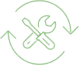 Maintenance & Réparation : Services Techniques et Support Continu Icône verte : tournevis et clé croisés, entourés de flèches circulaires. Représente la maintenance, le service technique ou l'optimisation continue.